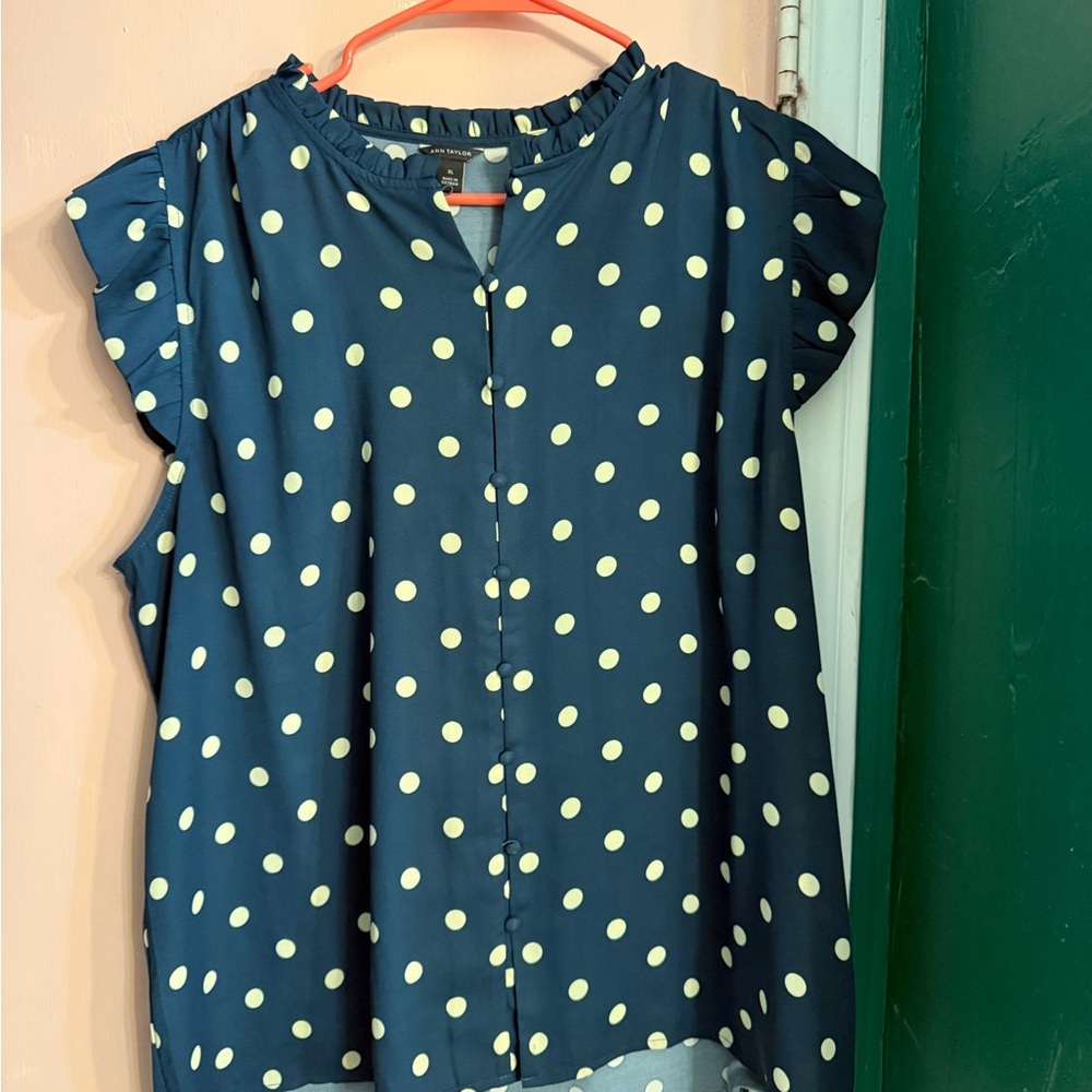 Ann Taylor Blue Top with yellow Dots